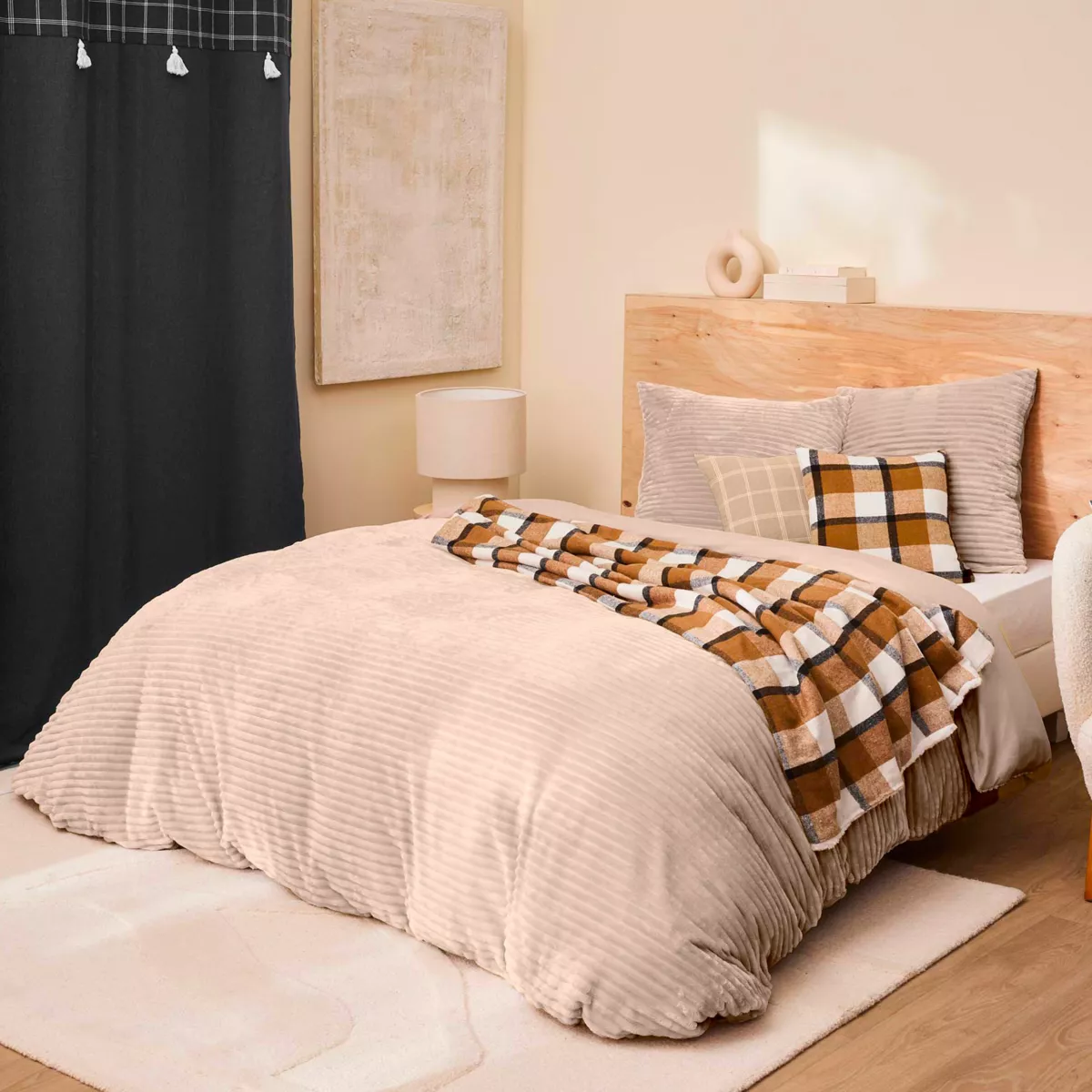 Parure 3 Pices (240 x 220 cm) Veloutea Sable, Flanelle Relief Unie