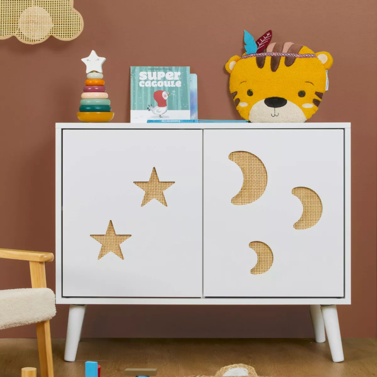 Kindermöbel Holz 2 Türen (H65 cm) Stars Weiß