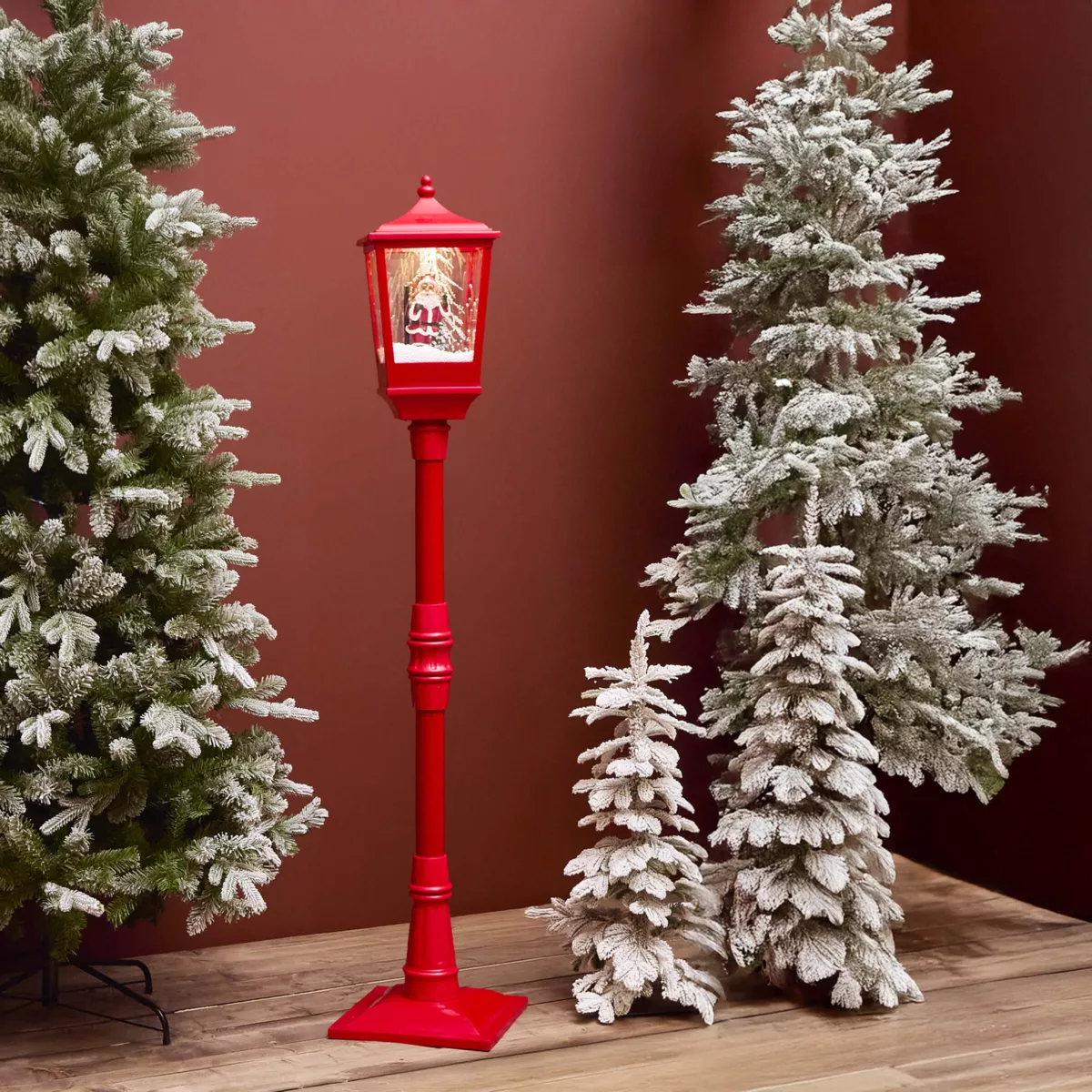 Verlichte en geanimeerde kerstlantaarnpaal 10 LED (H185 cm) Vallende sneeuw Rood