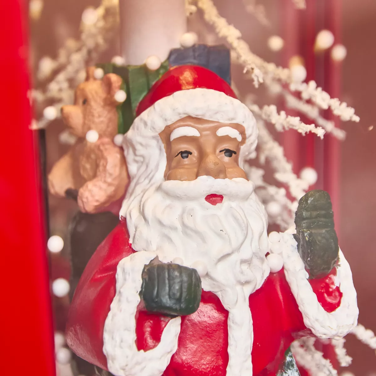 Verlichte en geanimeerde kerstlantaarnpaal 10 LED (H185 cm) Vallende sneeuw Rood