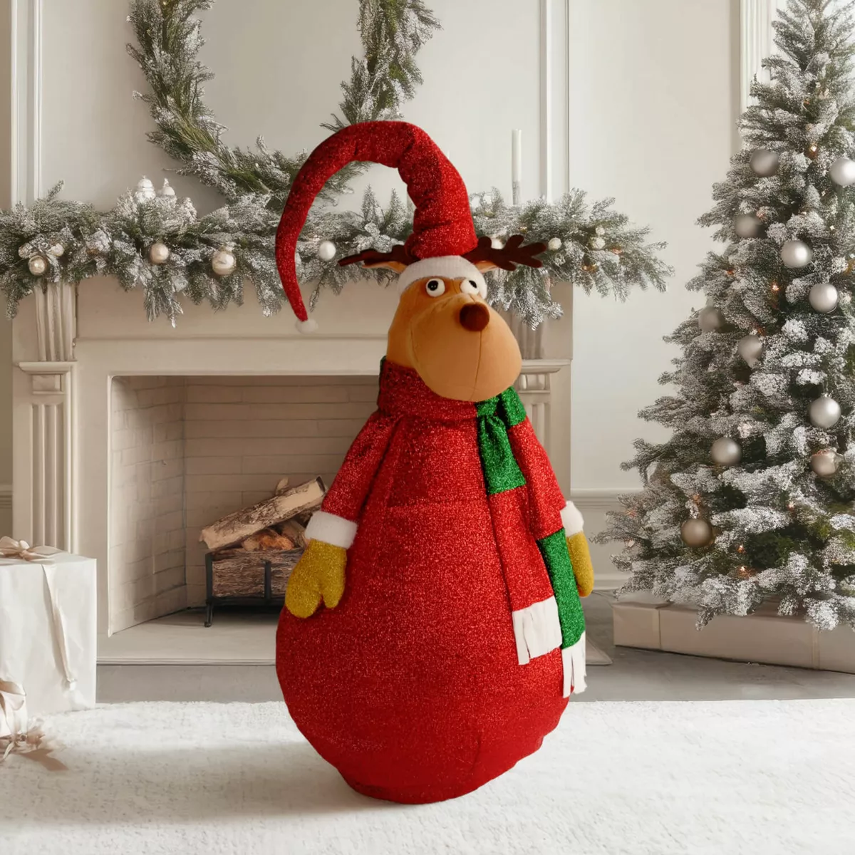 Beleuchtetes Rentier batteriebetrieben (H120 cm) Faltbar Rot Pailletten