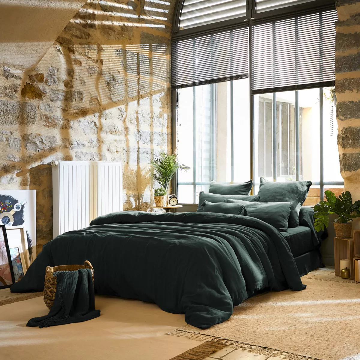 Baumwoll-Gaze-Bettbezug (240 x 220 cm) Gaïa Tannengrün