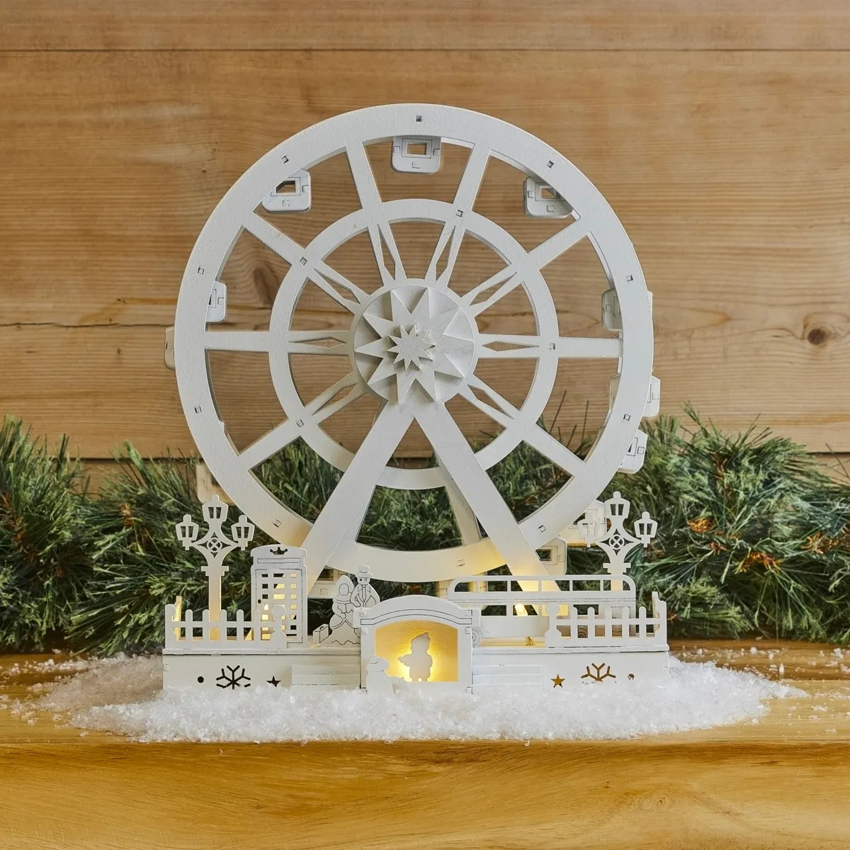 Villaggio di Natale in legno luminoso e animato (H30 cm) Ruota Incantata di Natale