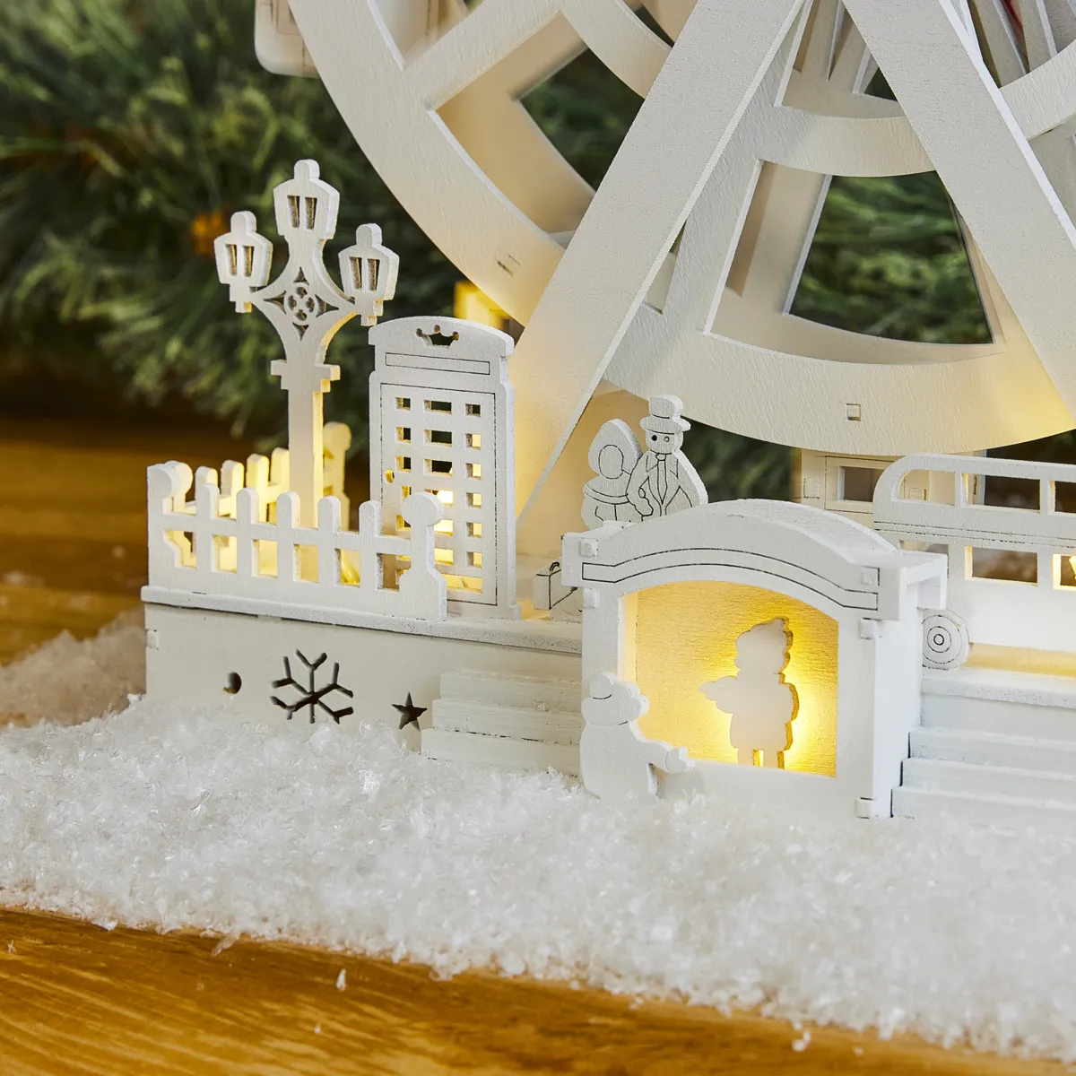 Villaggio di Natale in legno luminoso e animato (H30 cm) Ruota Incantata di Natale