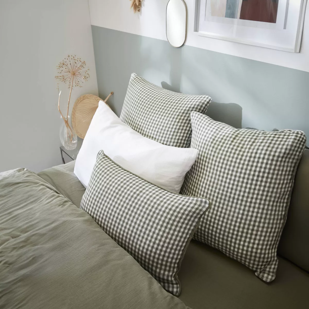 Taie d'oreiller carrée gaze de coton (80 x 80 cm) Gaïa Vichy Vert romarin