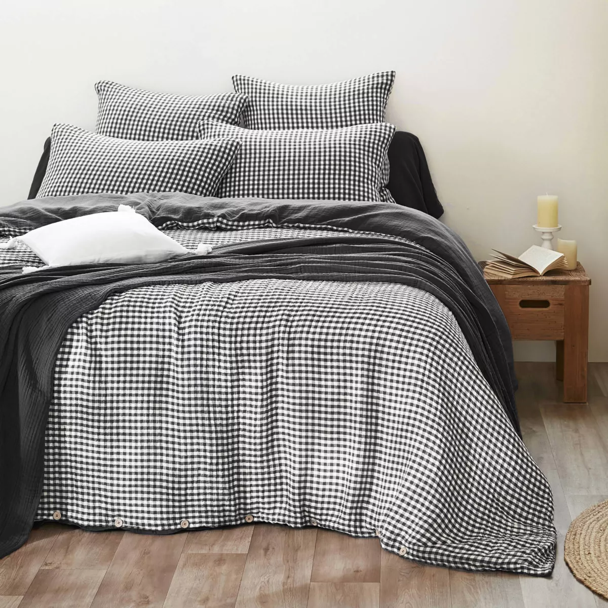 Funda de edredón de algodón gauze (260 x 240 cm) Gaïa vichy Negro