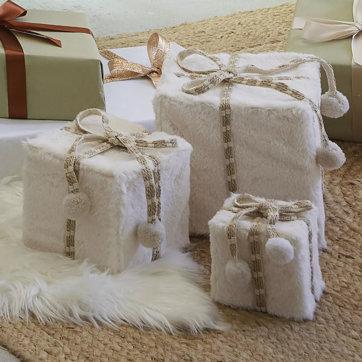 Set di 3 regali (H21 cm) Pelliccia morbida Bianco lana