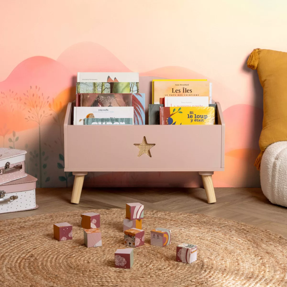 Coffre à jouet ouvert enfant bois (H44 cm) Stars Rose