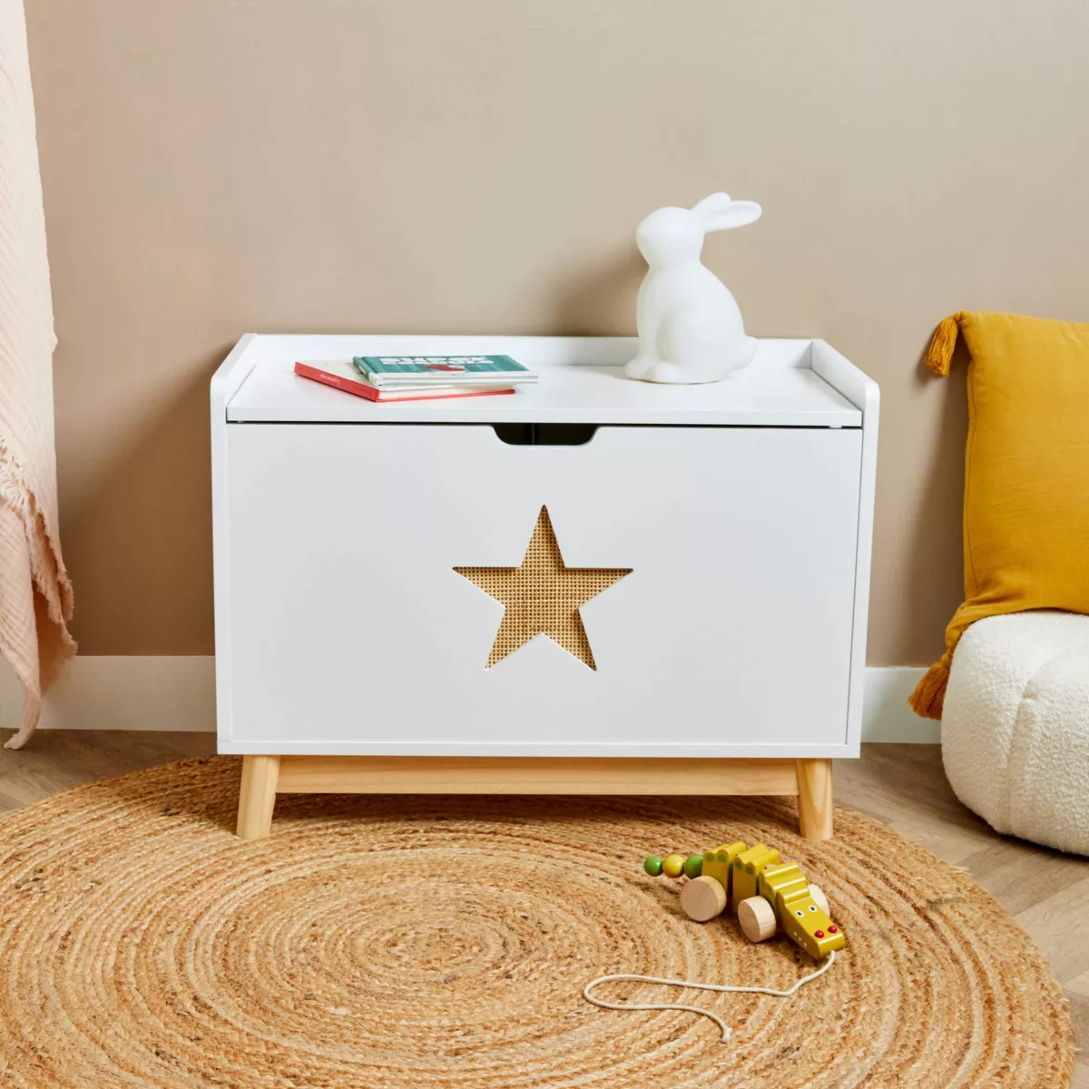 Coffre à jouet avec couvercle enfant bois (H51 cm) Stars Blanc