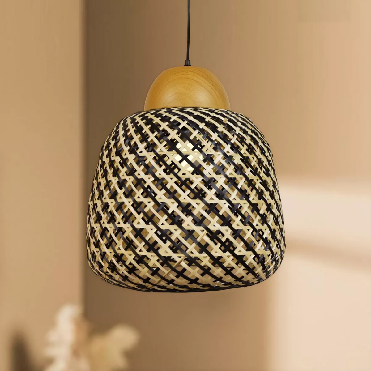 Lampada a sospensione in bambù (D40 cm) Elda Nero e naturale