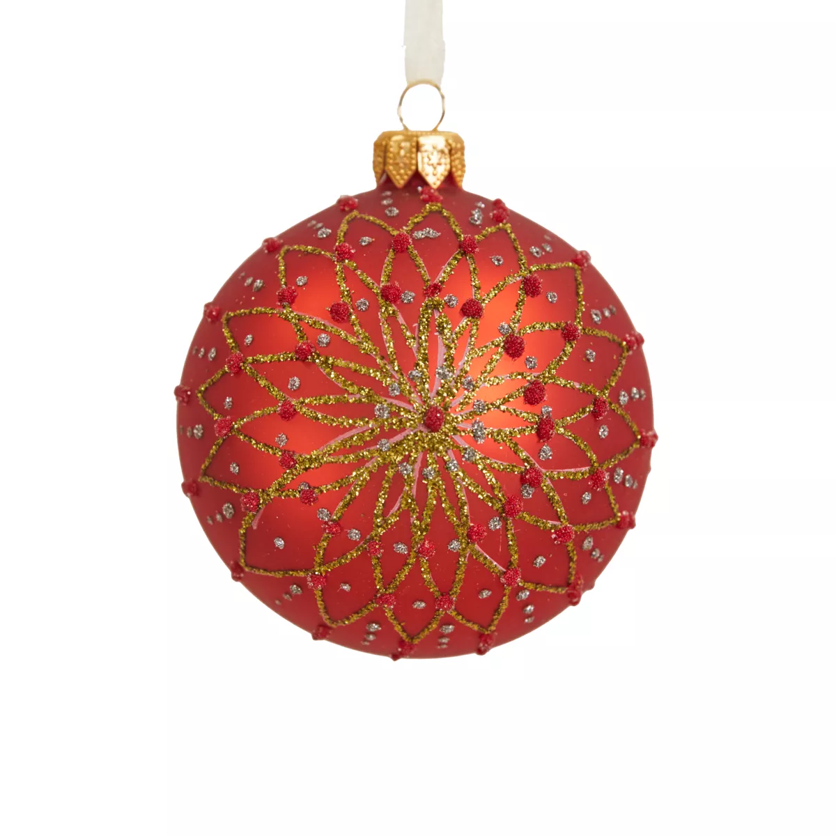 Lot de 6 boules de Noël en verre (D80 mm) Fleurs pailletées Rouge 