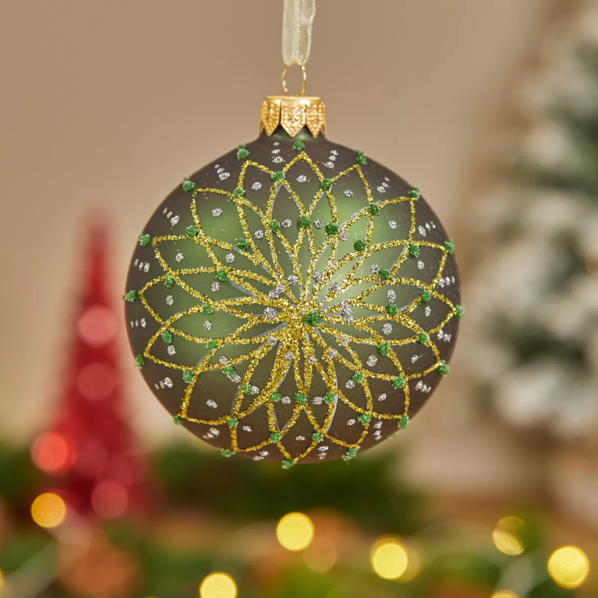 6er set Weihnachtskugeln aus Glas (D80 mm) Pailleten & Strass Tannengrün  1