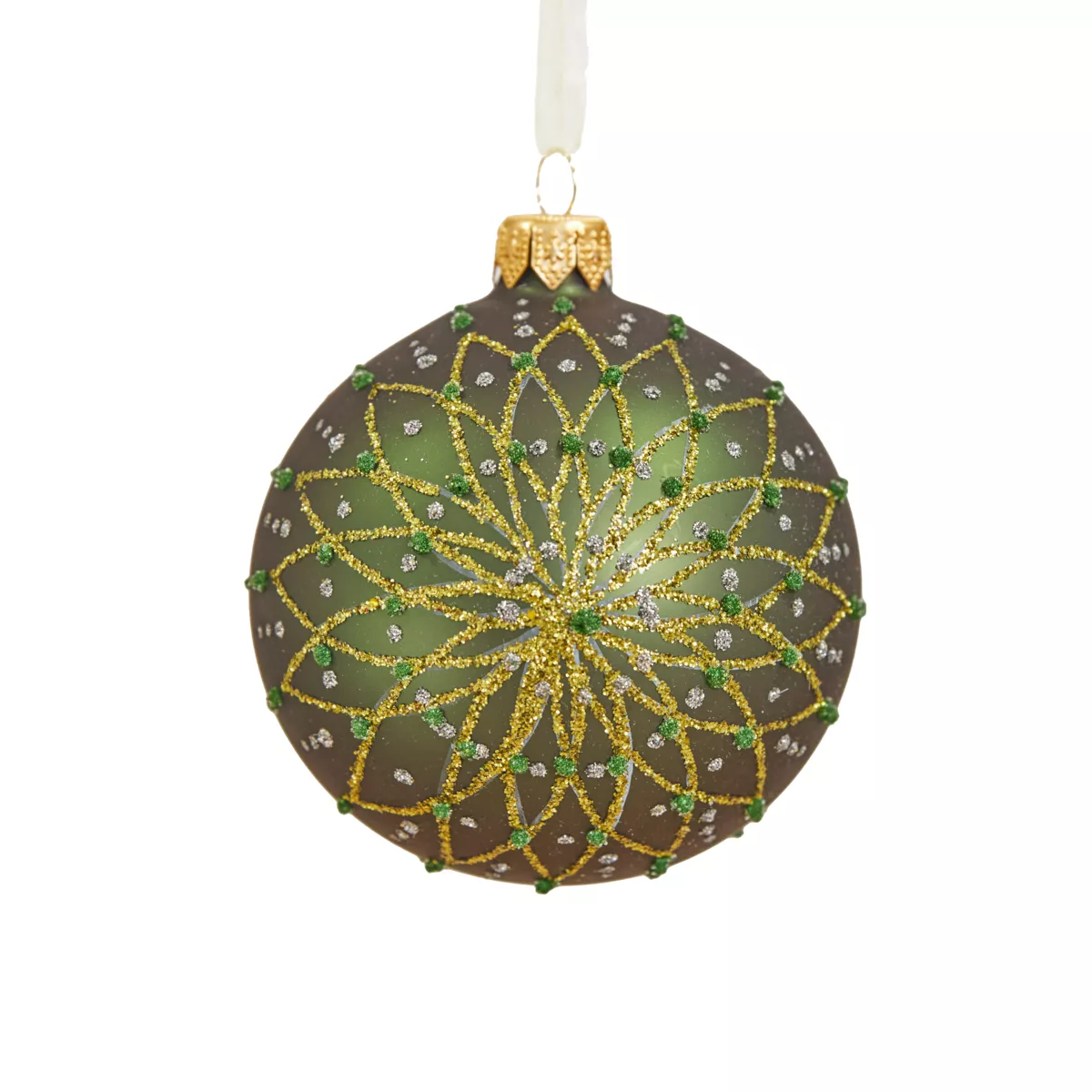 Lot de 6 boules de Noël en verre (D80 mm) Fleurs pailletées Vert sapin 