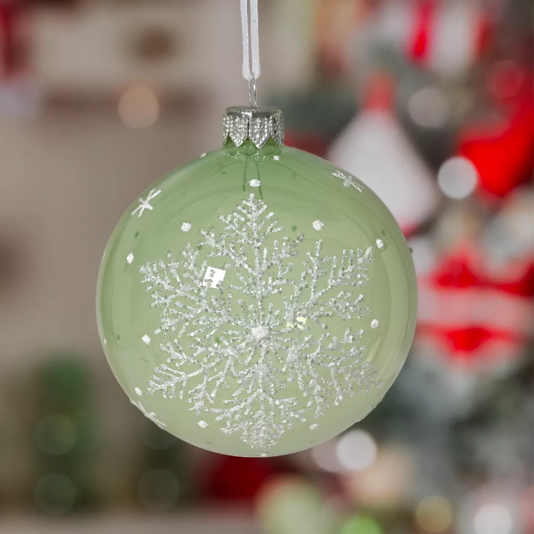 LOT DE 6 (EN VERRE) Boule verre flocon Féérique  dia8cm Vert