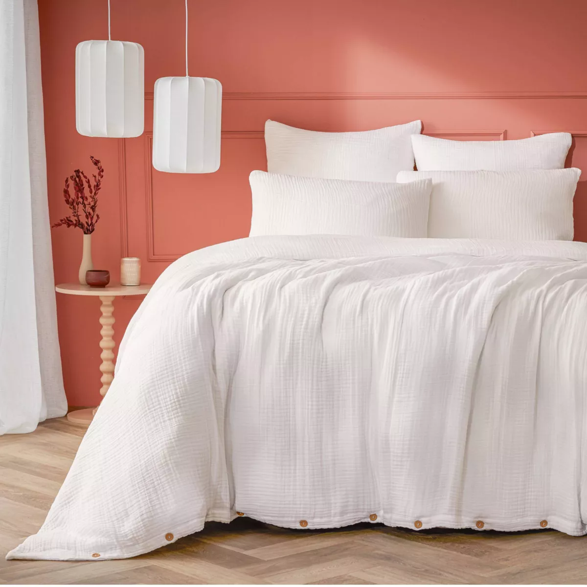 Copripiumino in quadrupla garza di cotone (260 x 240 cm) Victoria x Gaïa Bianco chantilly