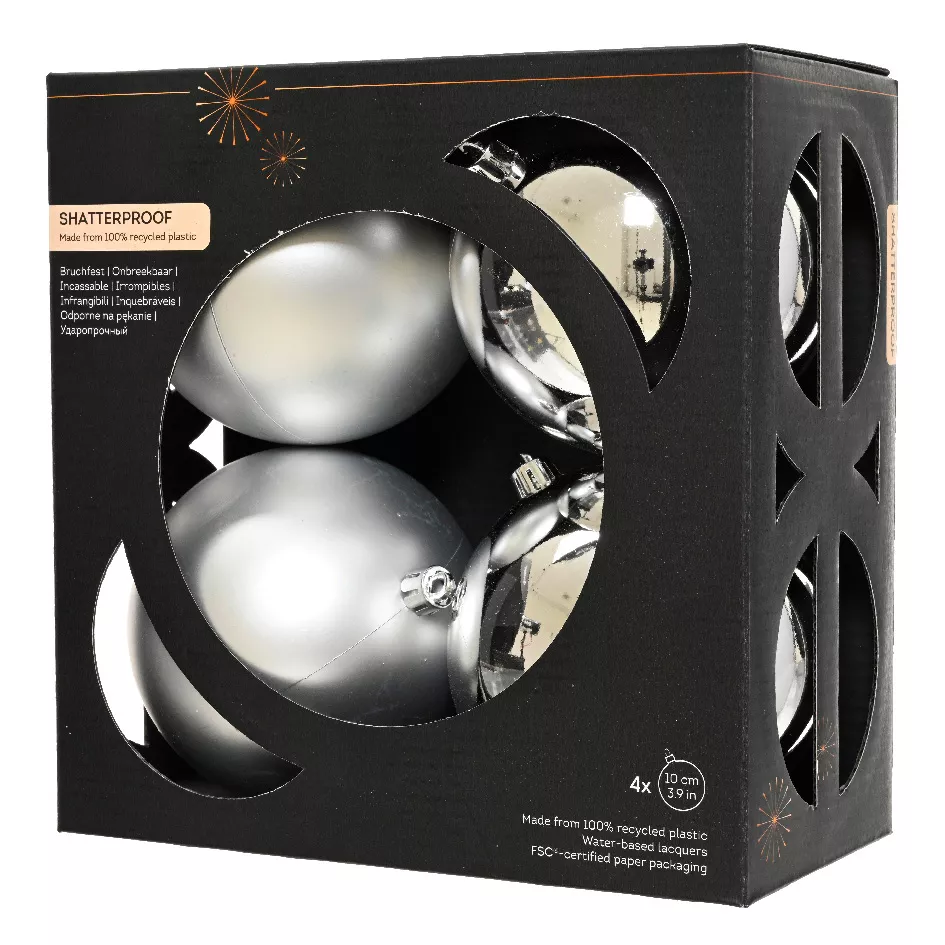Boite a 4 Boules polystyrene dia10cm argent ARAVIS (EMBALLAGE 100% RECYCLE certifié fsc)