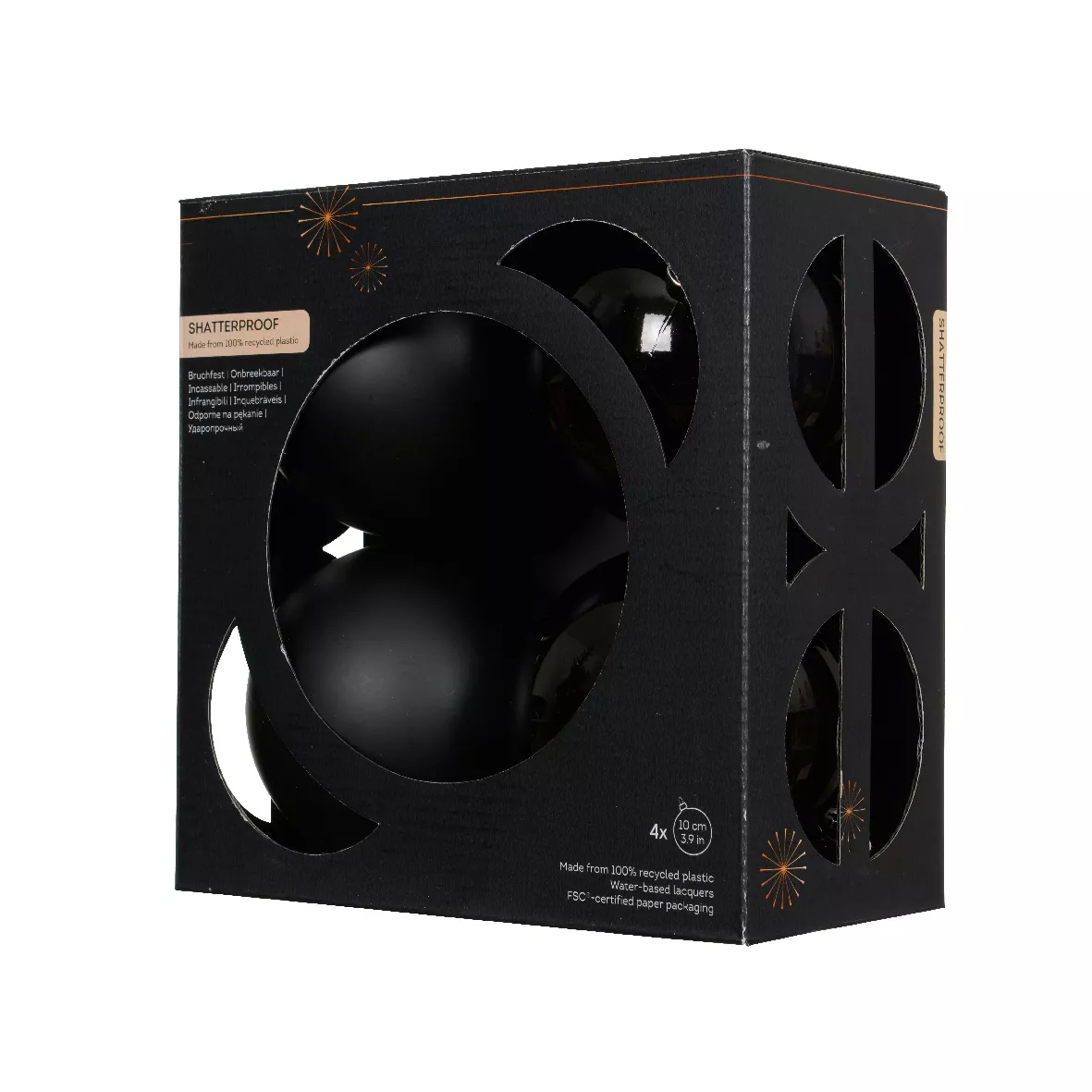 Boite a 4 Boules polystyrene dia10cm noir ARAVIS (EMBALLAGE 100% RECYCLE certifié fsc)