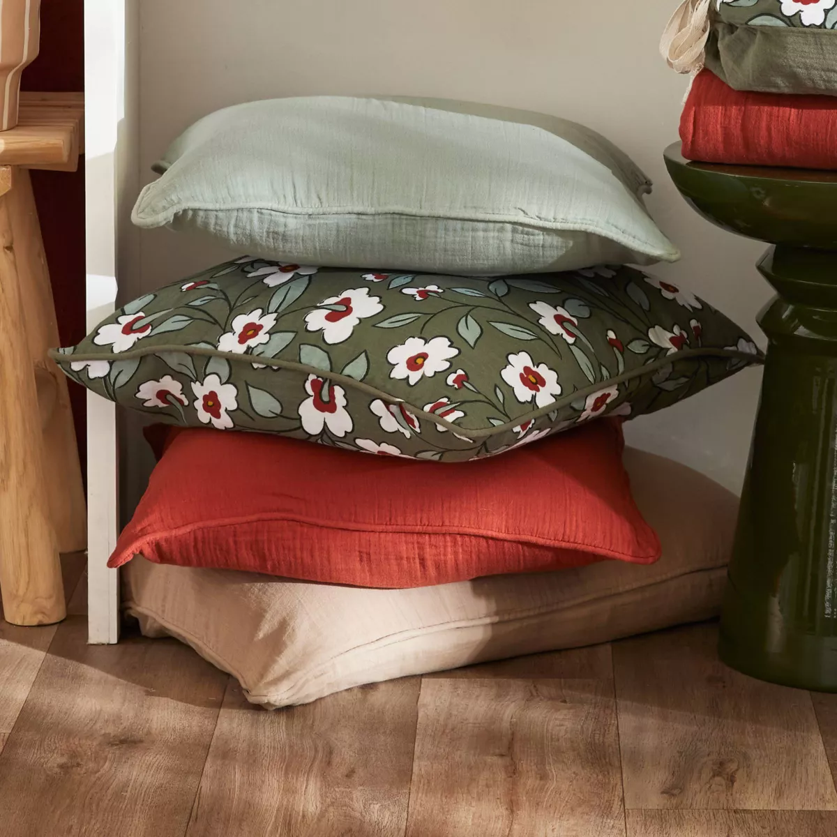 Cuscino quadrato in garza di cotone (45 x 45 cm) Gaïa margherita Verde rosmarino