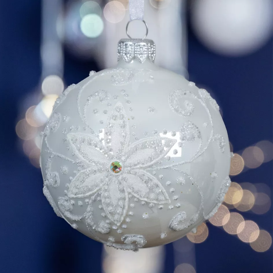 Lot de 6 boules de Noël en verre (D80 mm) Fleur de porcelaine Blanc