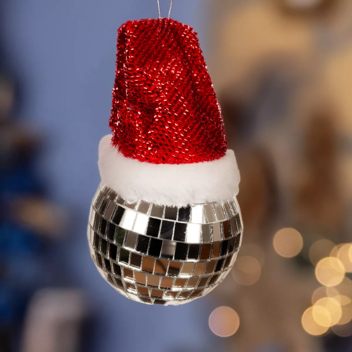 Pallina di Natale (D80 mm) Disco a sfaccettature con cappello Babbo Natale Argento