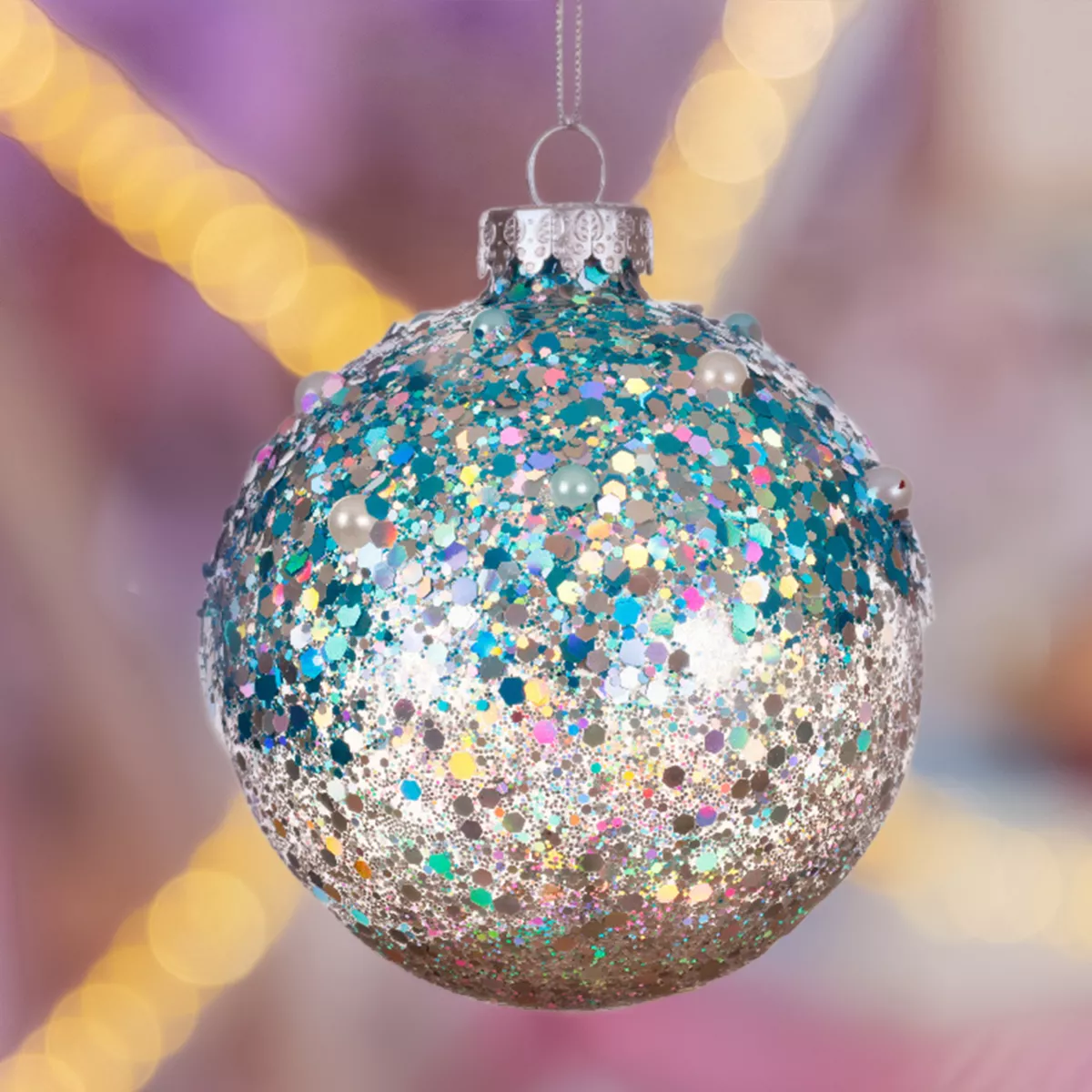 Lot de 3 boules de Noël en verre (D80 mm) Pailletées Bleu