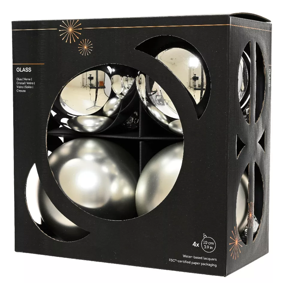 Boite a 4 Boules verre dia10cm argent  Boréal (EMBALLAGE 100% RECYCLE certifié fsc)
