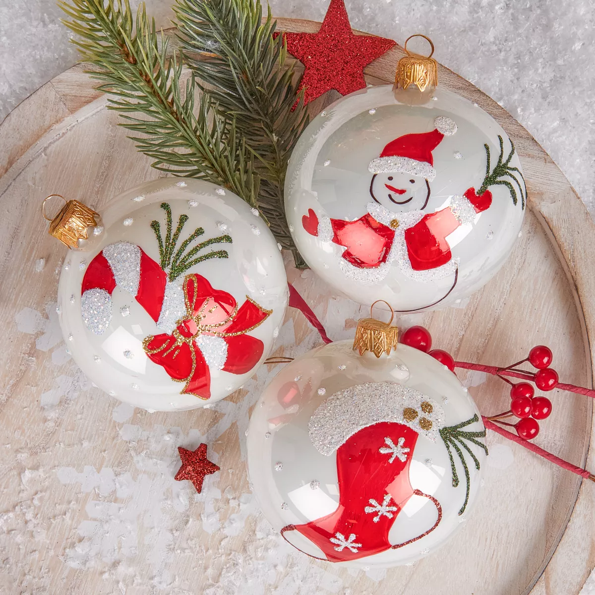 Lot de 12 boules de Noël en verre (D80 mm) Noël Tradition Blanc nacré