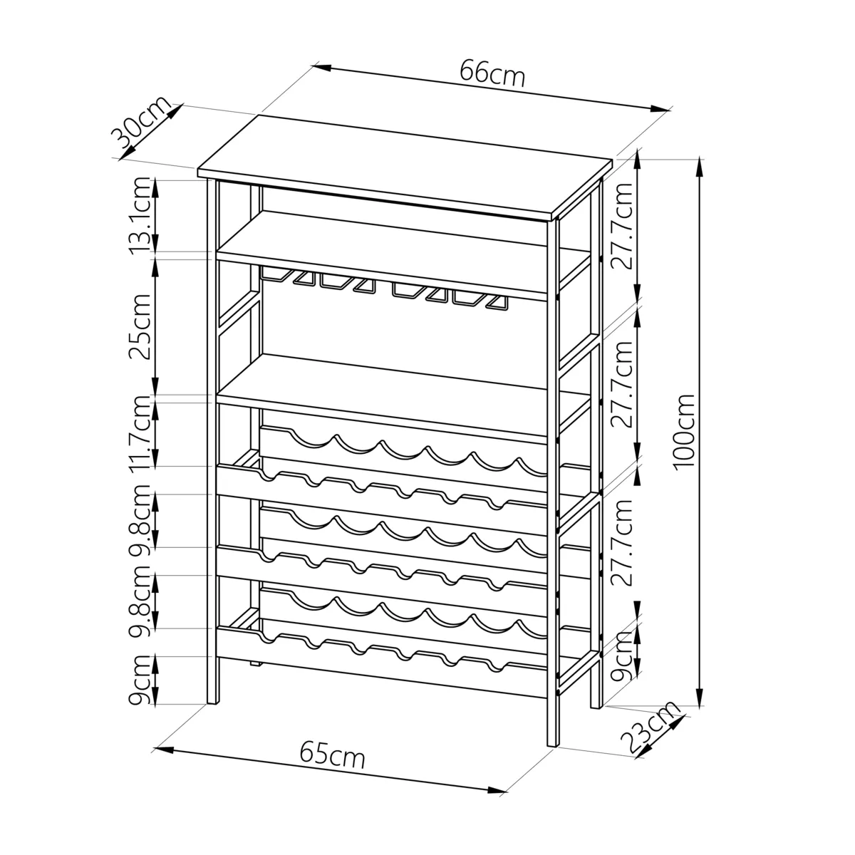 Mueble portabotellas industrial con 18 compartimentos y portavasos (H100 cm) Hugo Marrón