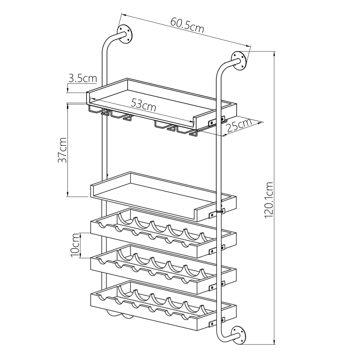 Meuble range-bouteilles mural bois et métal  18 emplacements et porte-verres (H120 cm) Isaac Marron