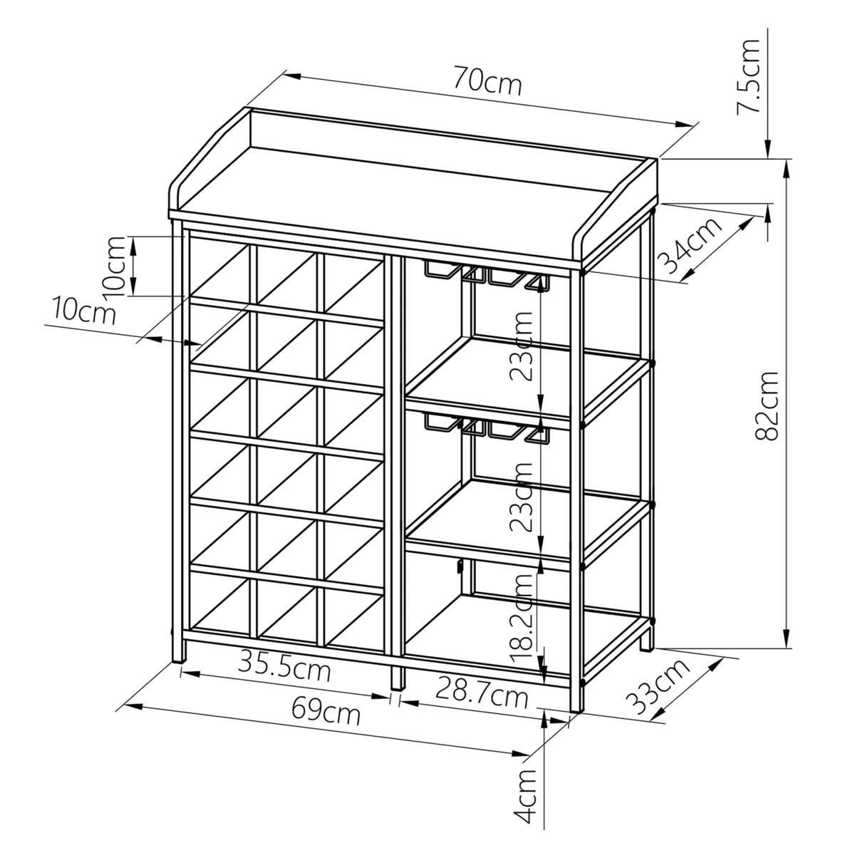 Mueble portabotellas industrial con 18 compartimentos y portavasos (H82 cm) Paul Marrón