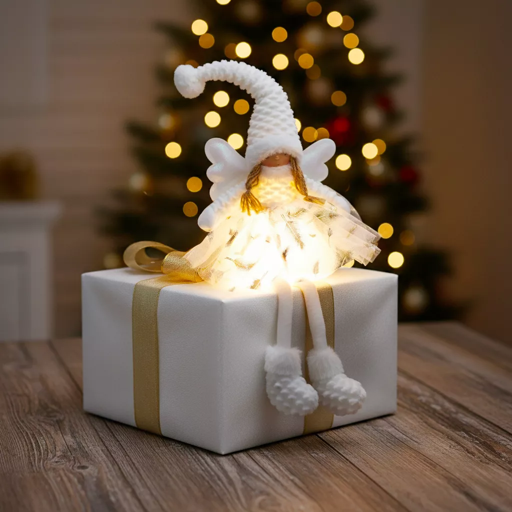 Lichtgevende kerstengel op batterijen (H60 cm) Gladys witte verenkleed