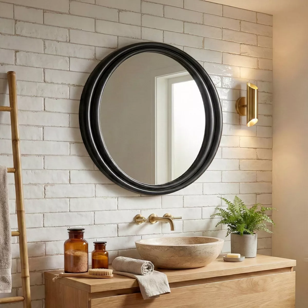 Specchio da parete rotondo con cornice in legno (91.4 cm) Taos Nero