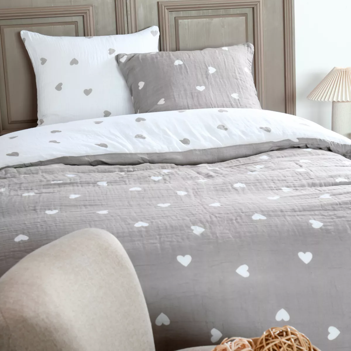 Housse de couette et deux taies d'oreiller gaze de coton (260 x 240 cm) Charmy Taupe