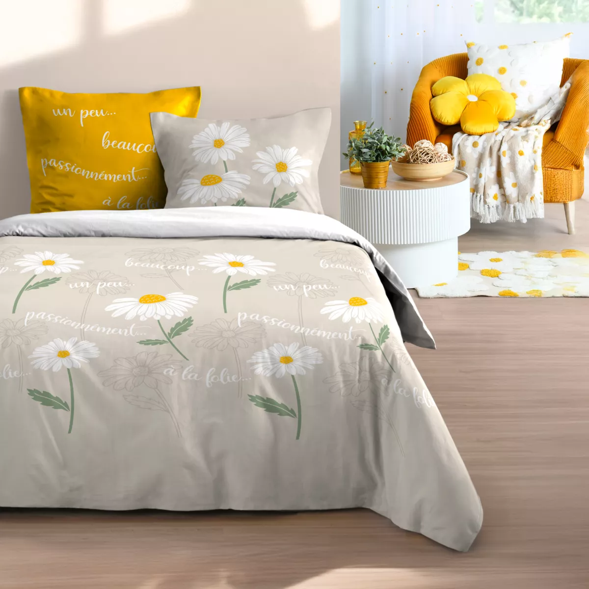 Housse de couette et deux taies d'oreiller coton (260 x 240 cm) Camille Beige