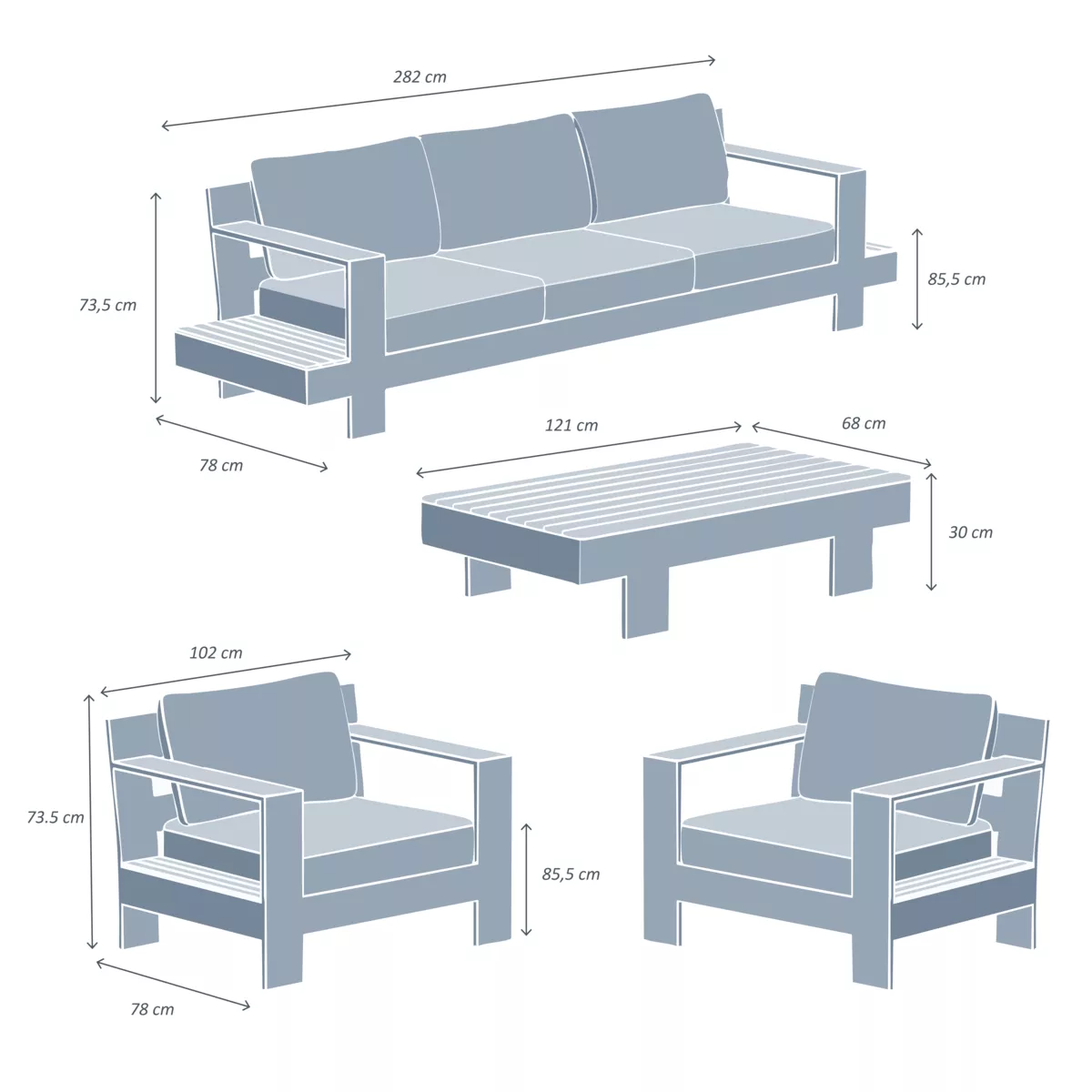 Salon de jardin aluminium et bois teck 5 places Antibes Crème