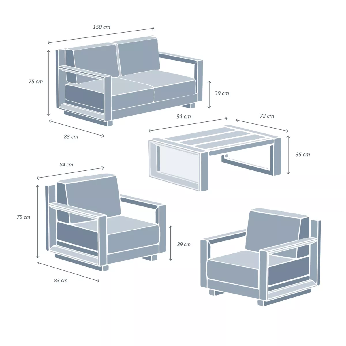 Salon de jardin aluminium 4 places 4 pcs Elba Blanc et gris clair