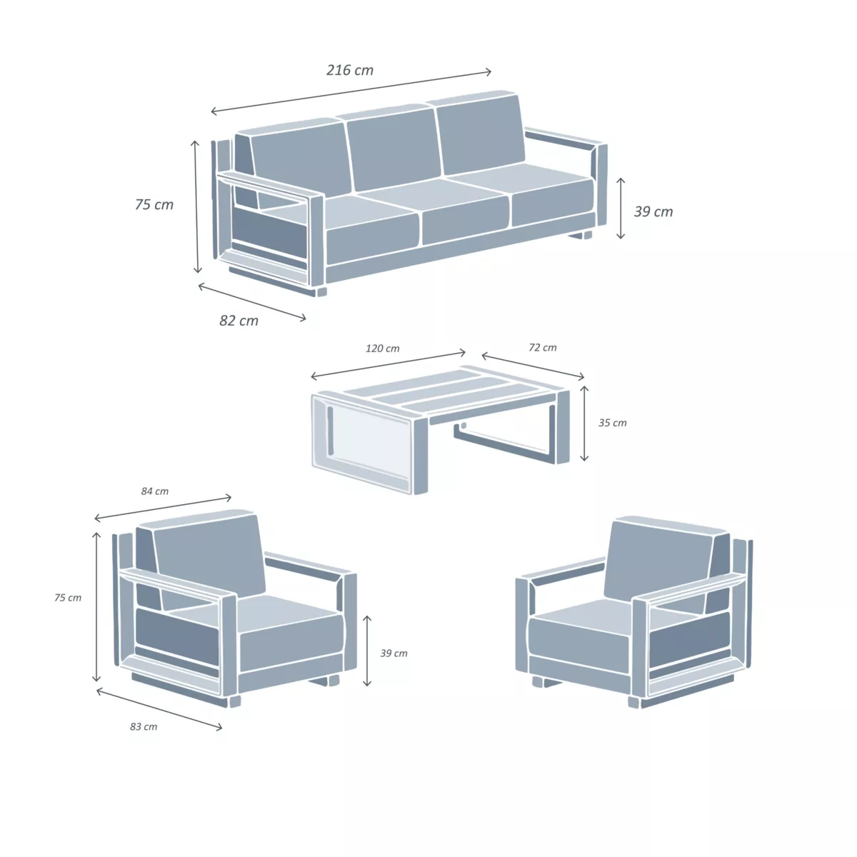 Salon de jardin aluminium 5 places 4 pcs Elba Gris anthracite
