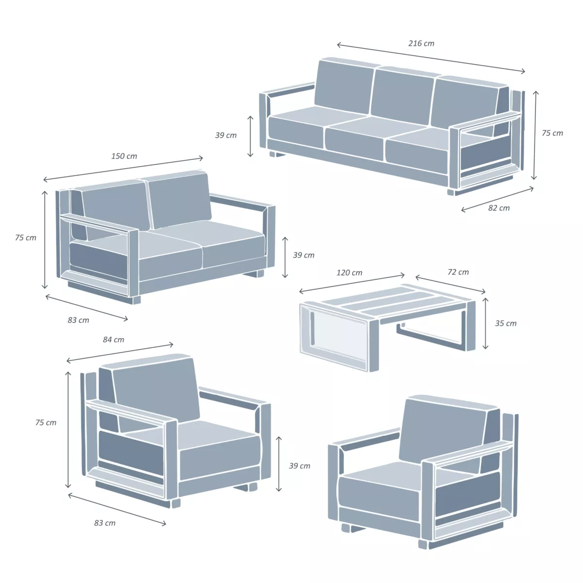Salon de jardin aluminium 7 places 5 pcs Elba Blanc et gris clair