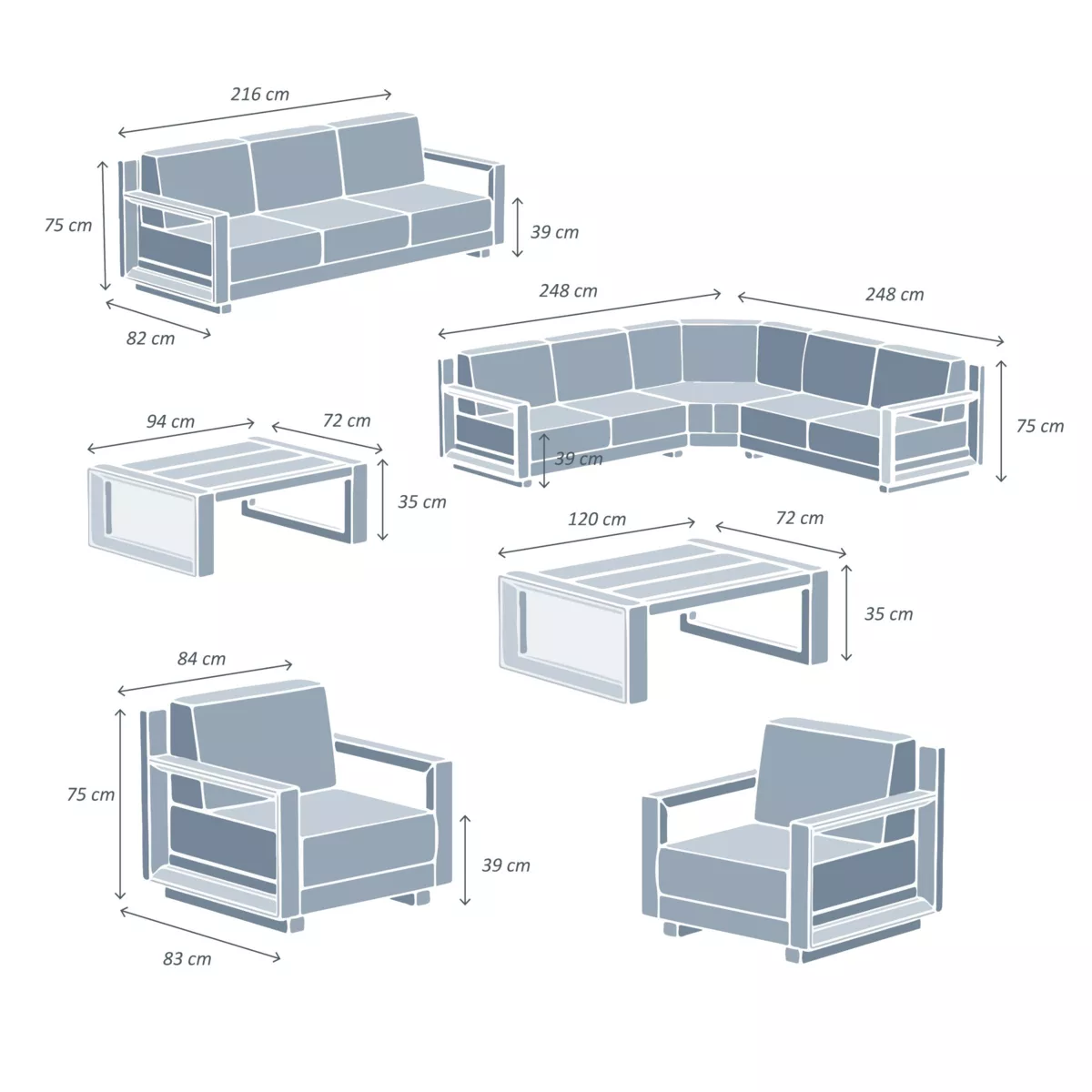 Conjunto  de jardín esquinero aluminio 10 plazas Elba Gris antracita