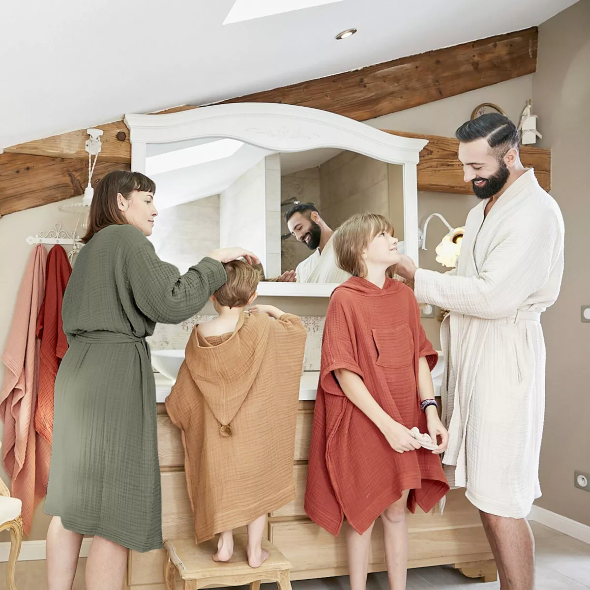 Bademantel aus Baumwoll-Gaze S/M Gaïa Rosmaringrün