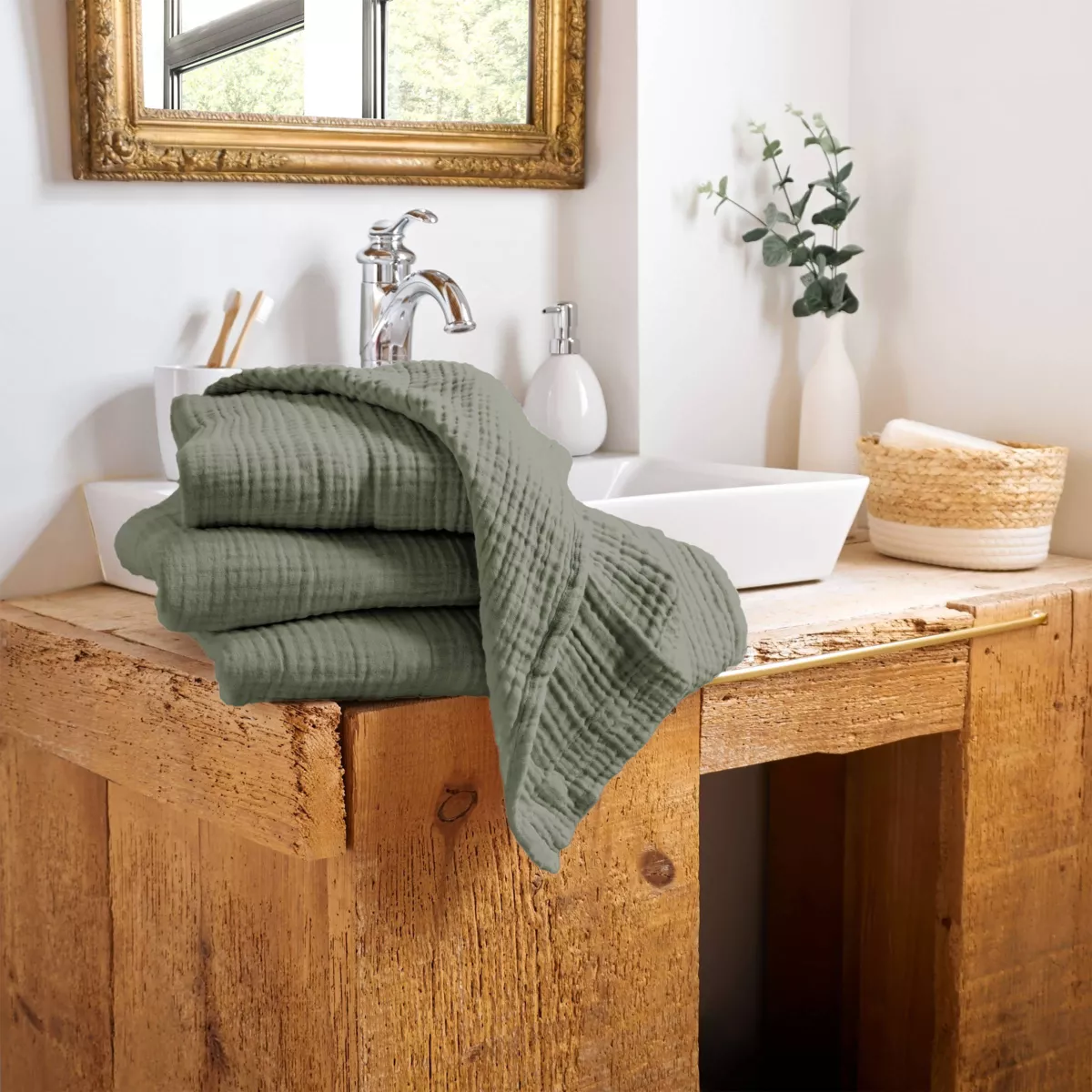 Badetuch aus Baumwoll-Gaze (90 x 150 cm) Gaïa Rosmaringrün