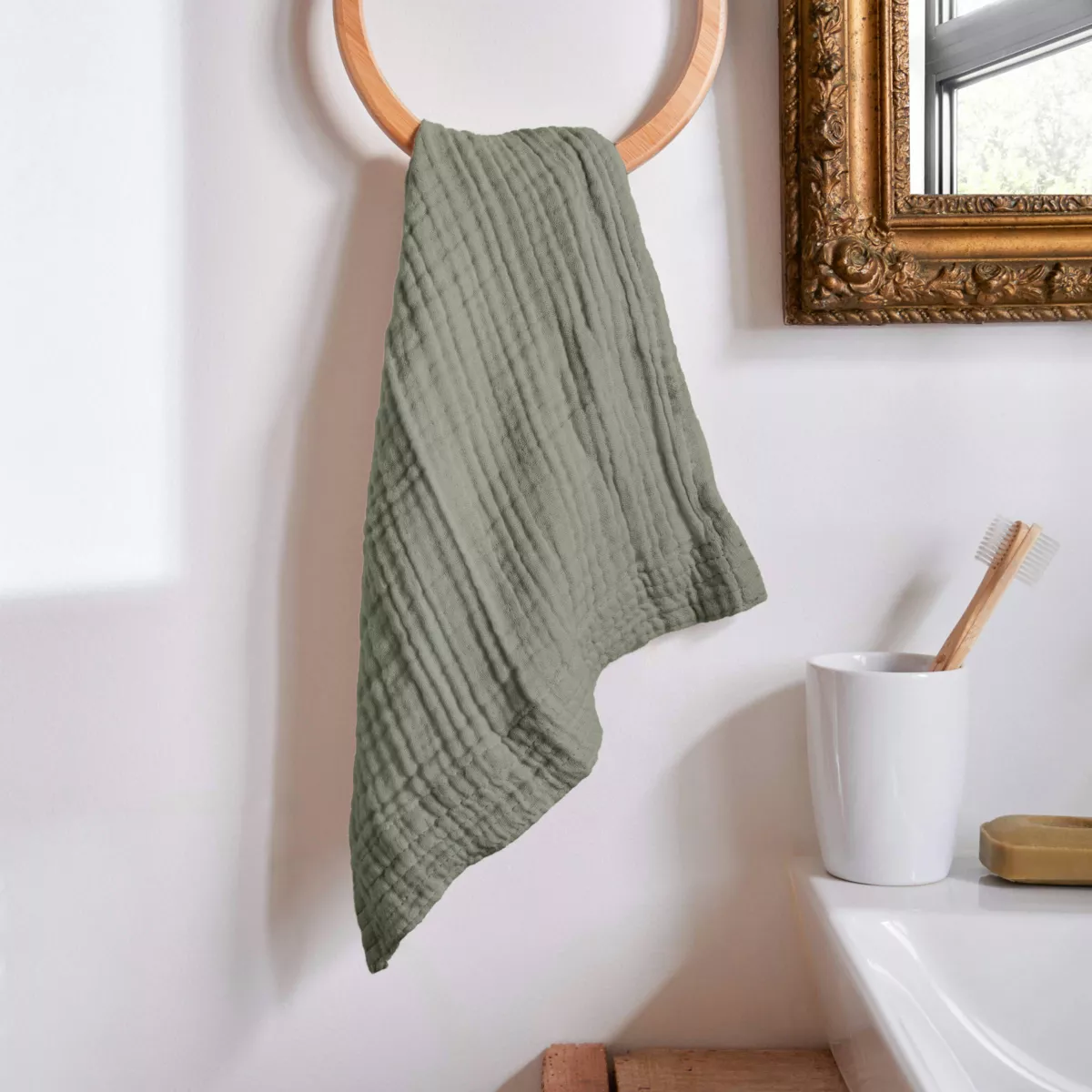 Serviette de bain gaze de coton (70 x 130 cm) Gaïa Vert romarin