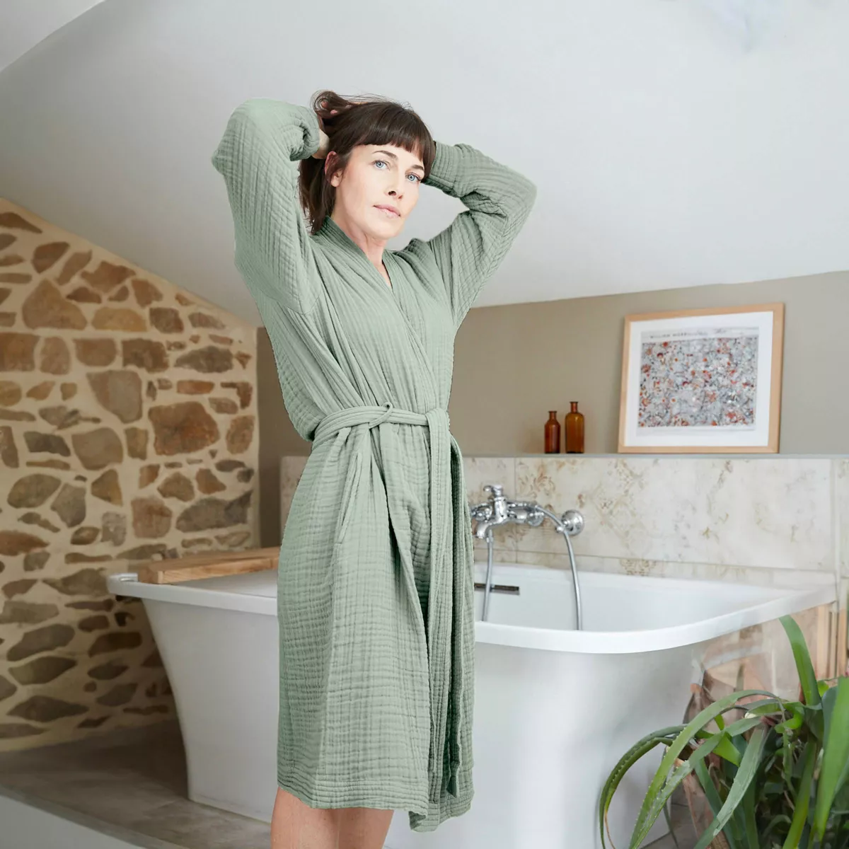 Peignoir de bain gaze de coton L/XL Gaïa Vert eucalyptus
