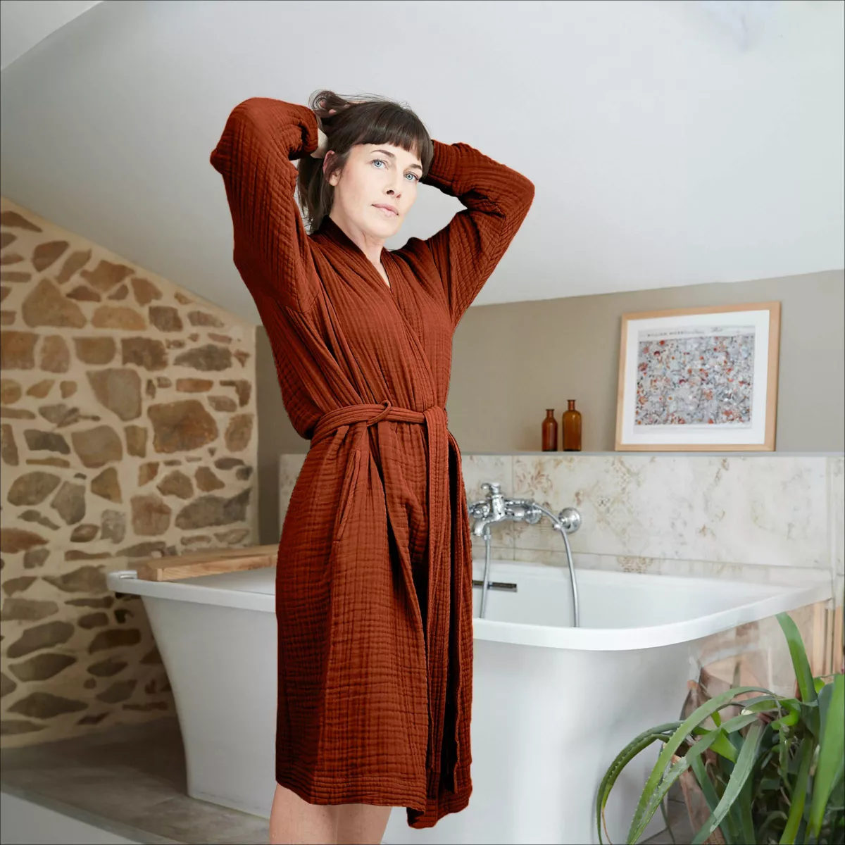 Peignoir de bain gaze de coton S/M Gaïa Terracotta