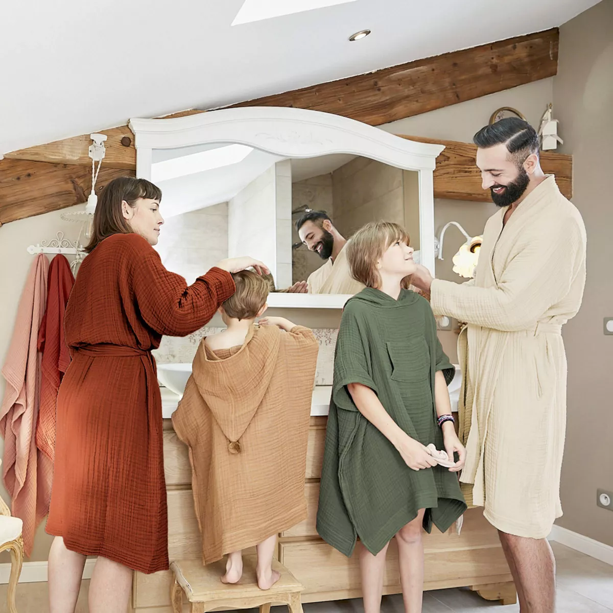 Bademantel aus Baumwoll-Gaze S/M Gaïa Beige