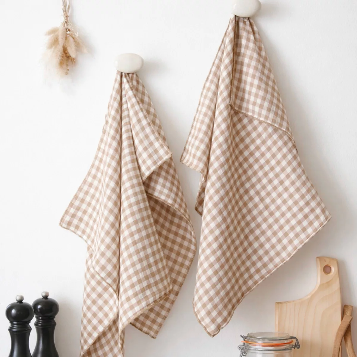 EM - Lot de 2 essuie-mains 50 x 70 cm Gaze de coton tissŽe teinte GAìA VICHY Ficelle