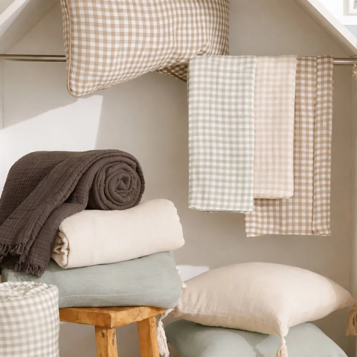 Mantel rectangular de gasa de algodón (150 x 250 cm) Gaïa vichy Ficelle