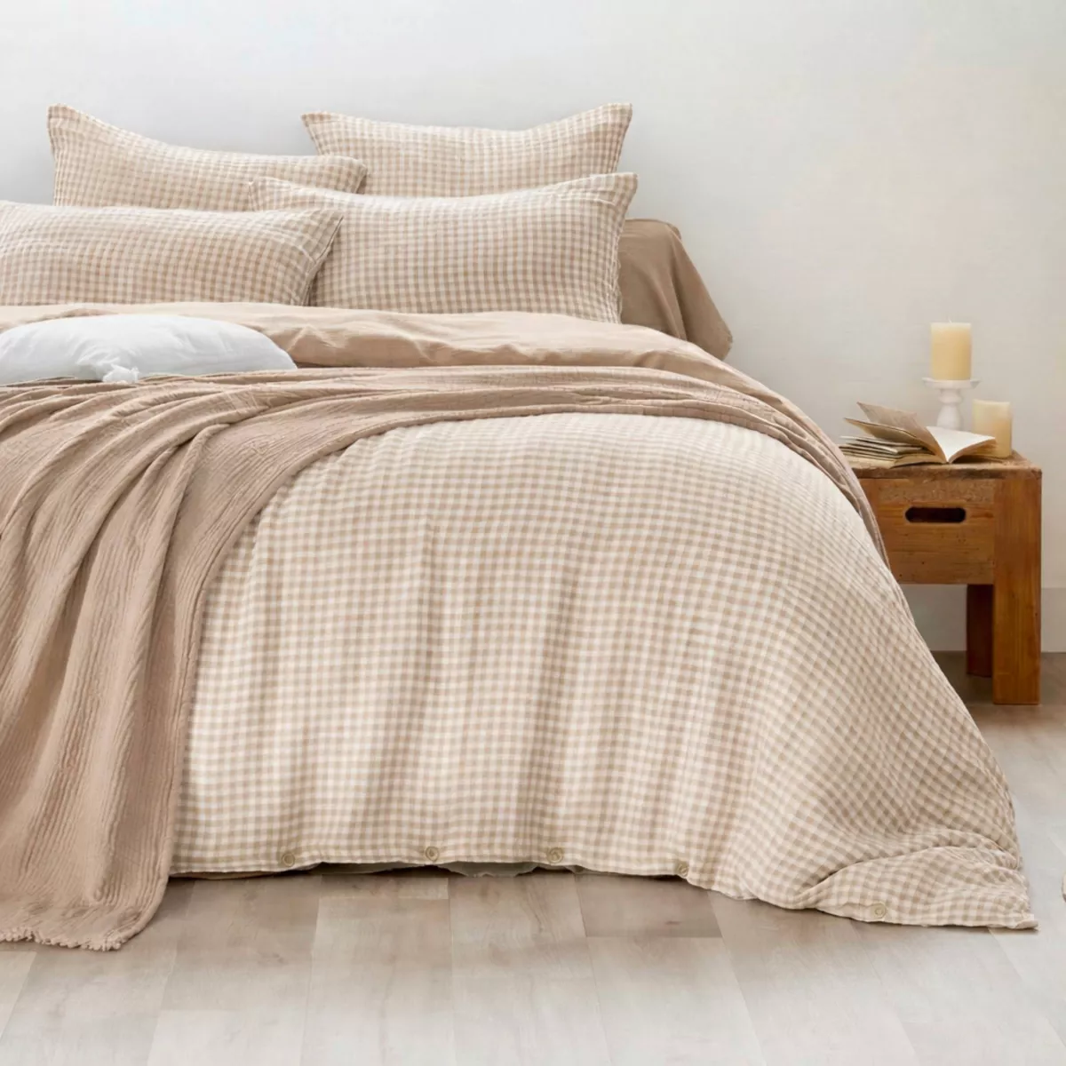 EM - Taie d'oreiller 60 x 60 cm Gaze de coton tissŽe teinte GAìA VICHY Ficelle