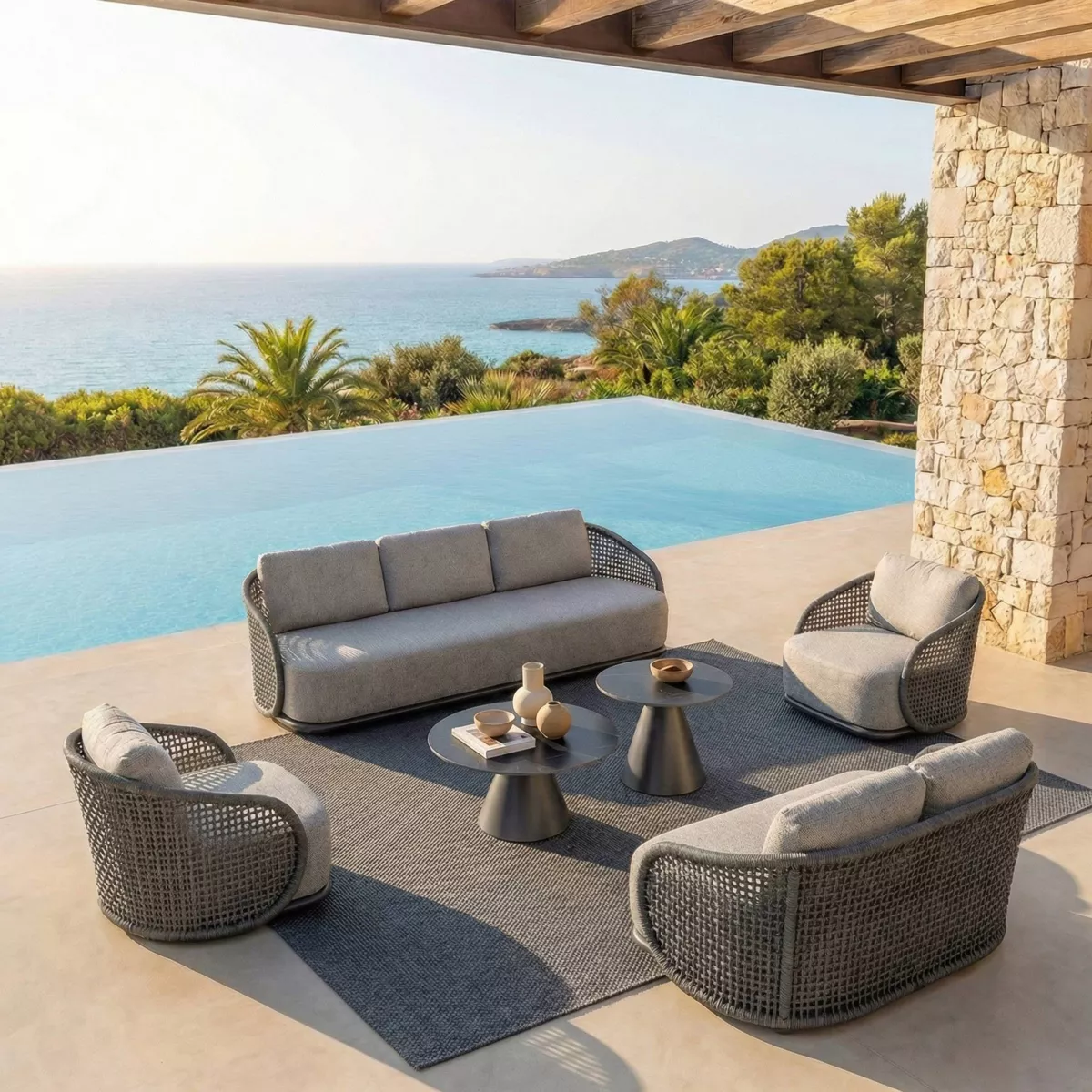 Set da giardino effetto rattan e alluminio 7 posti 6 pezzi Riviera Grigio antracite