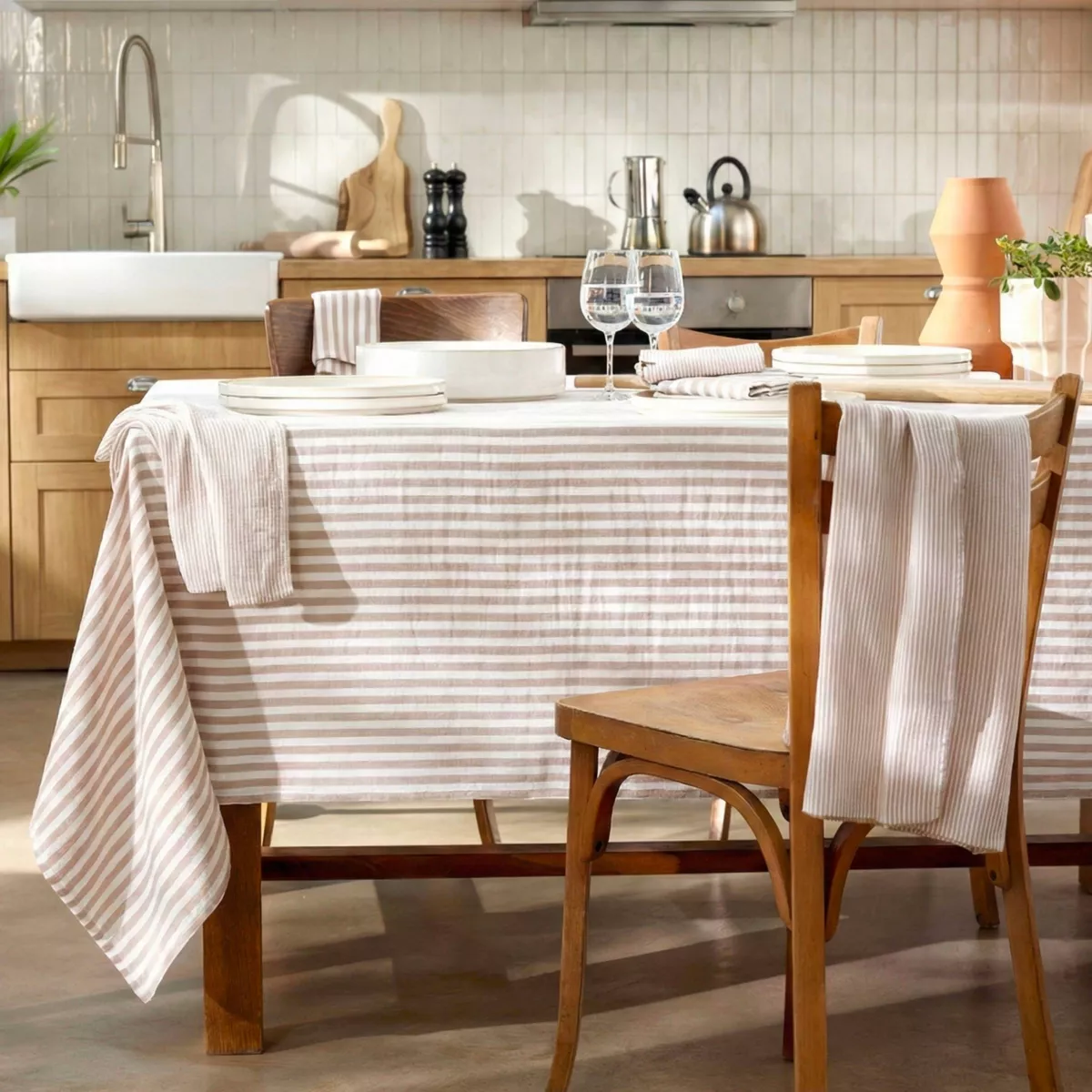 Mantel rectangular de gasa de algodón (150 x 350 cm) Gaïa rayas Beige